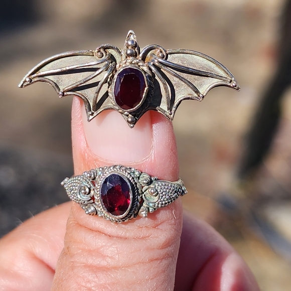 sterling Jewelry - Sterling silver vintage lot insect or bat brooch and ring size 6.75 Garnet ?